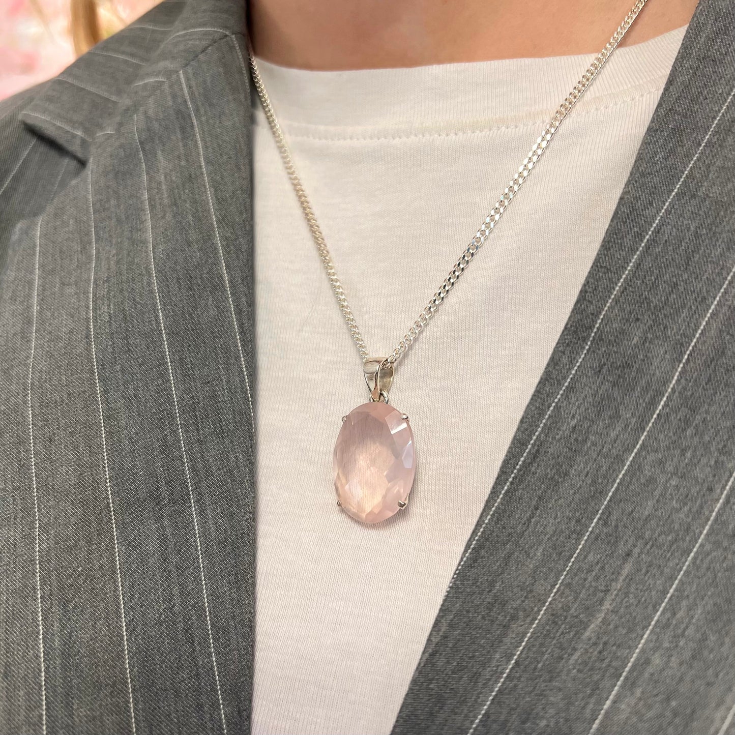 Pink Rose Quartz Sterling Silver Pendant & Chain