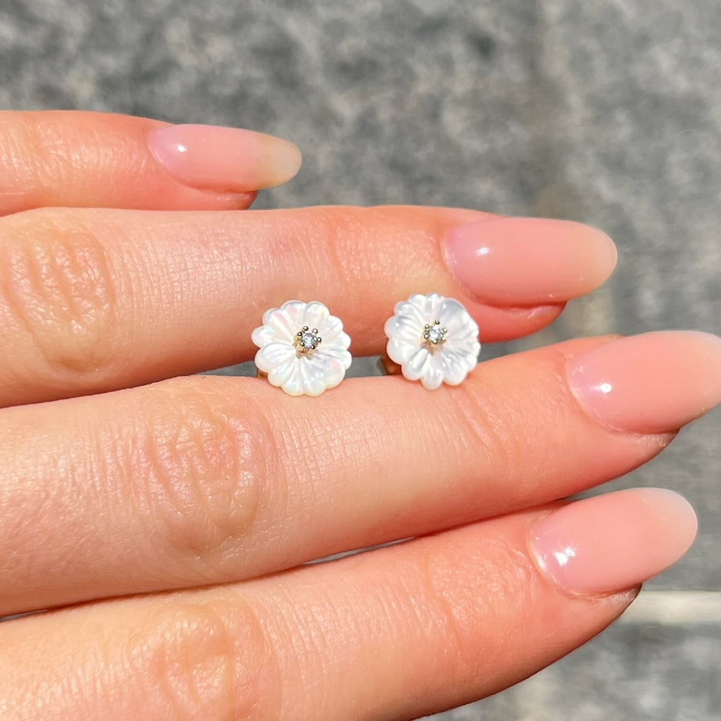 Mother of Pearl & Cubic Zirconia 9ct Gold Plated Flower Stud Earrings