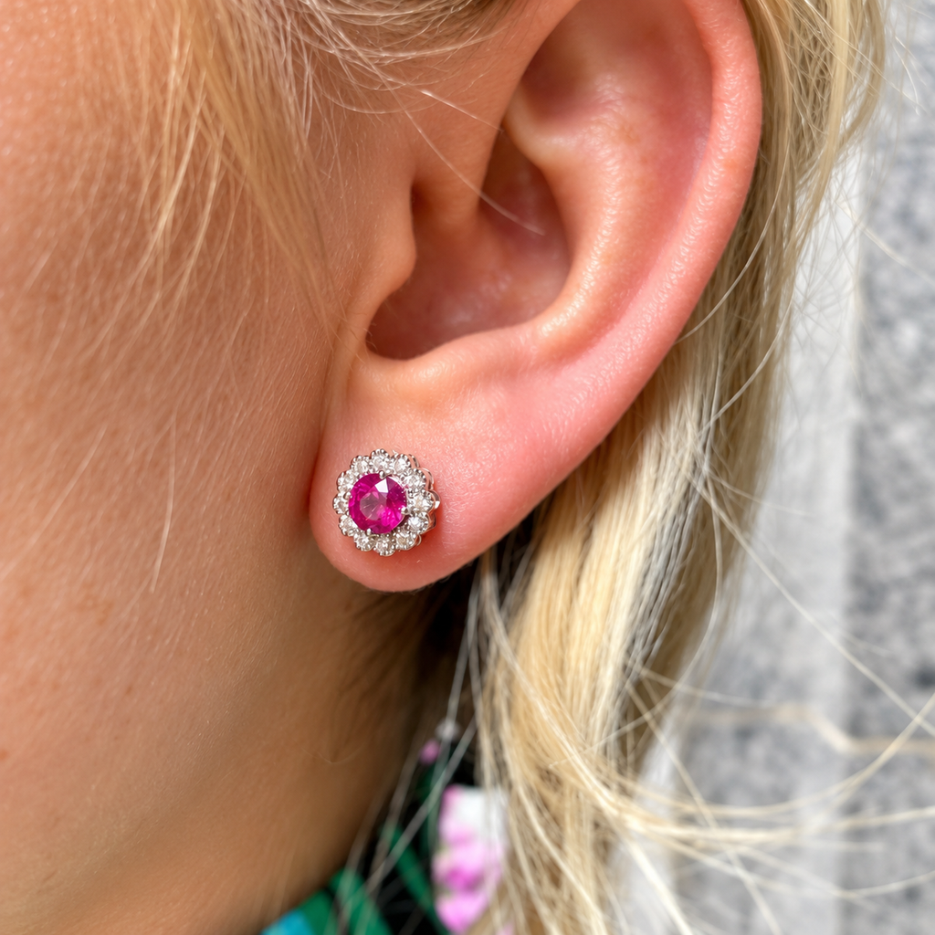 Ruby and Diamond 18ct White Gold Halo Stud Earrings