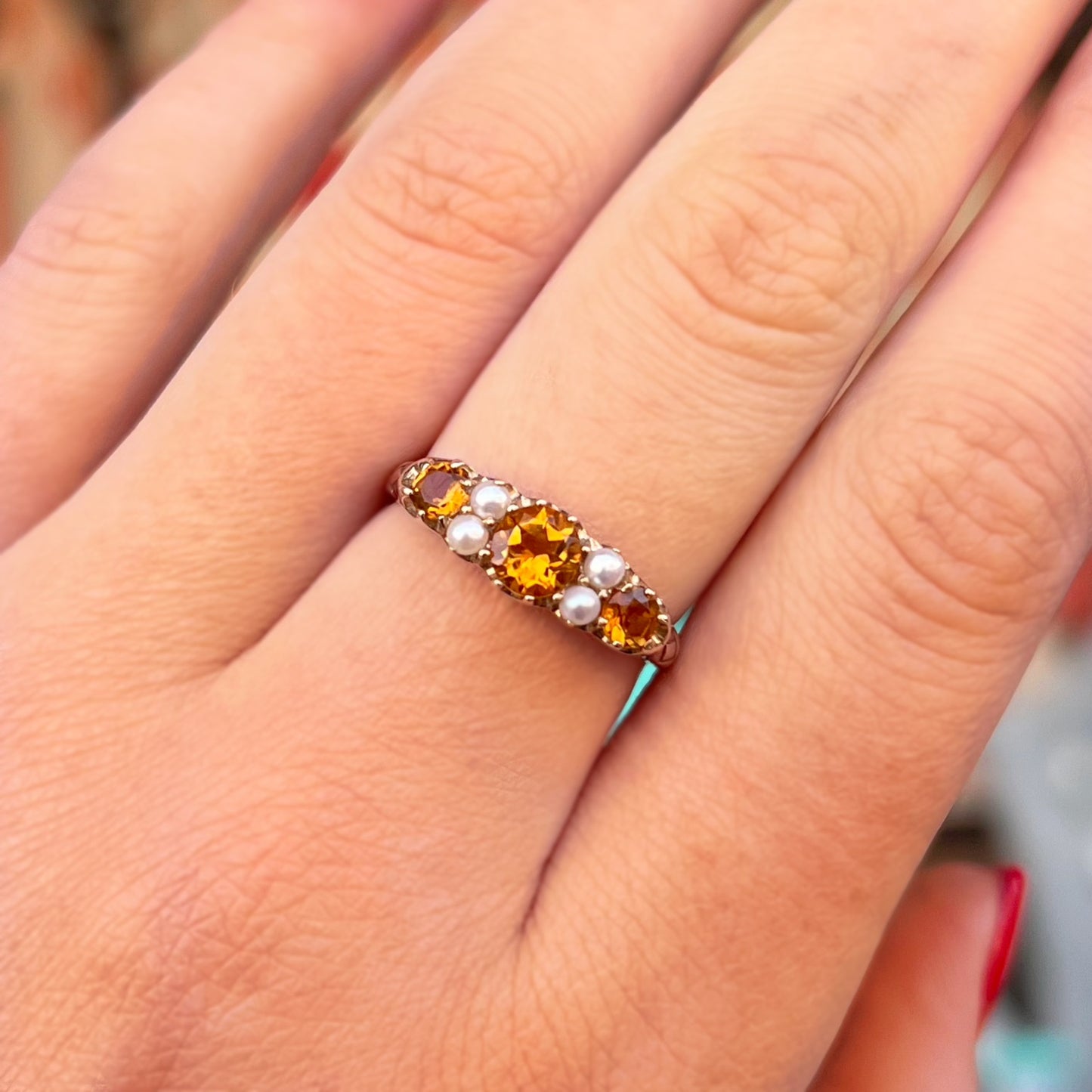 Edwardian Inspired Ornate 9ct Yellow Gold Citrine and Pearl Ring - SIZE O