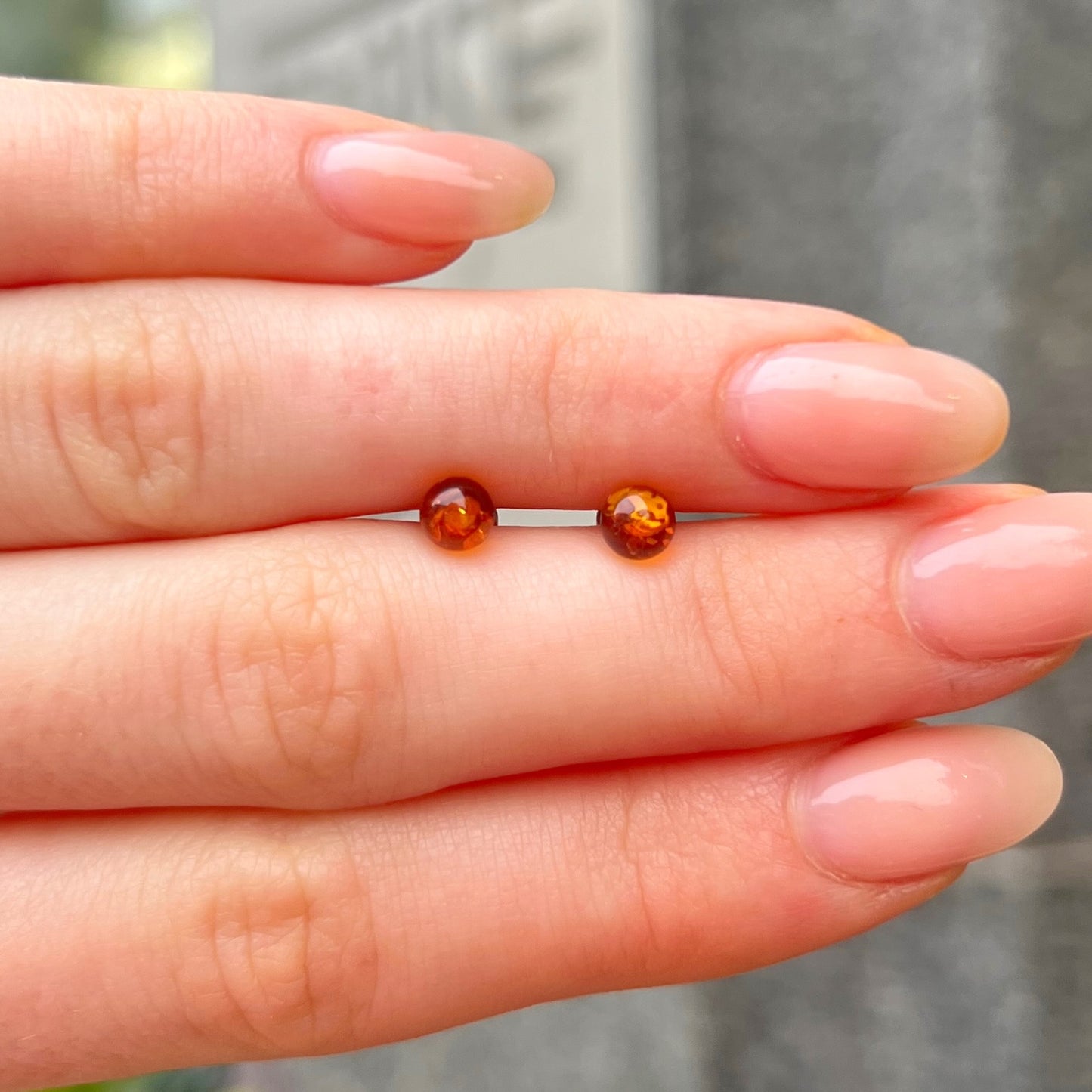 Sterling Silver Orange Amber Small Ball Stud Earrings