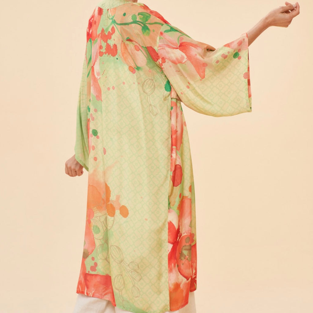 Green & Red Floral Watercolour Orchids Long Kimono Gown | Powder Accessories