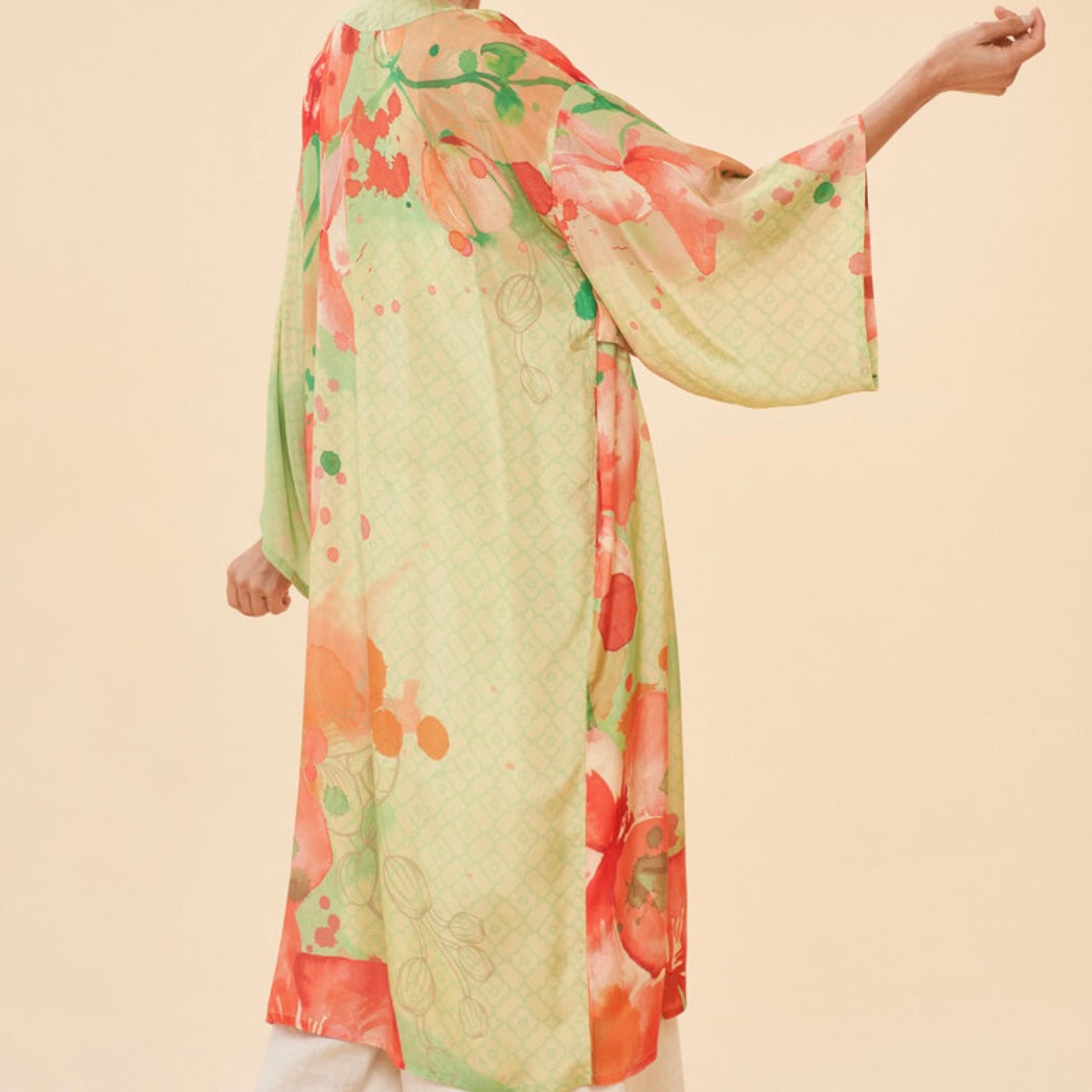 Green & Red Floral Watercolour Orchids Long Kimono Gown | Powder Accessories