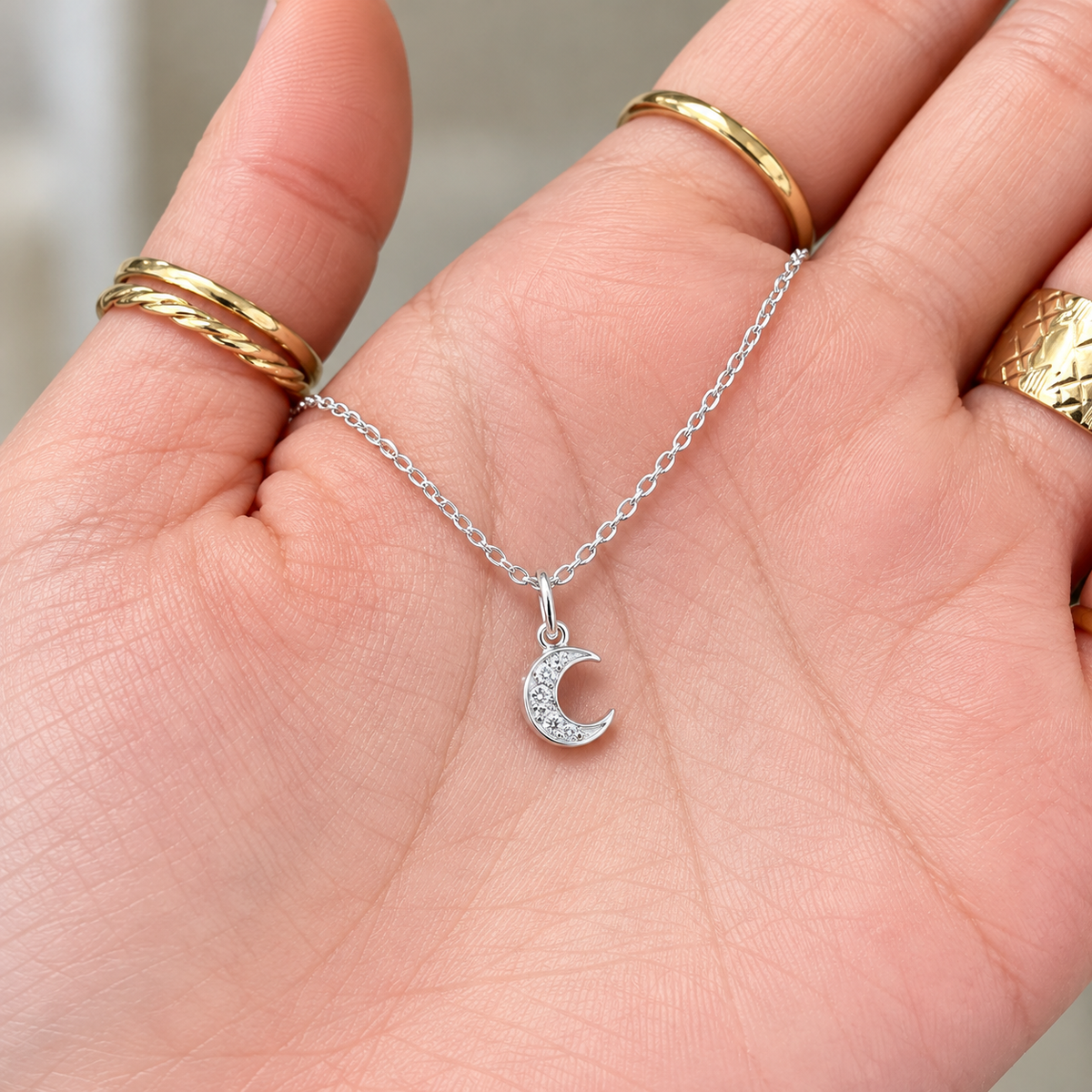 Cubic Zirconia Sterling Silver Moon Necklace