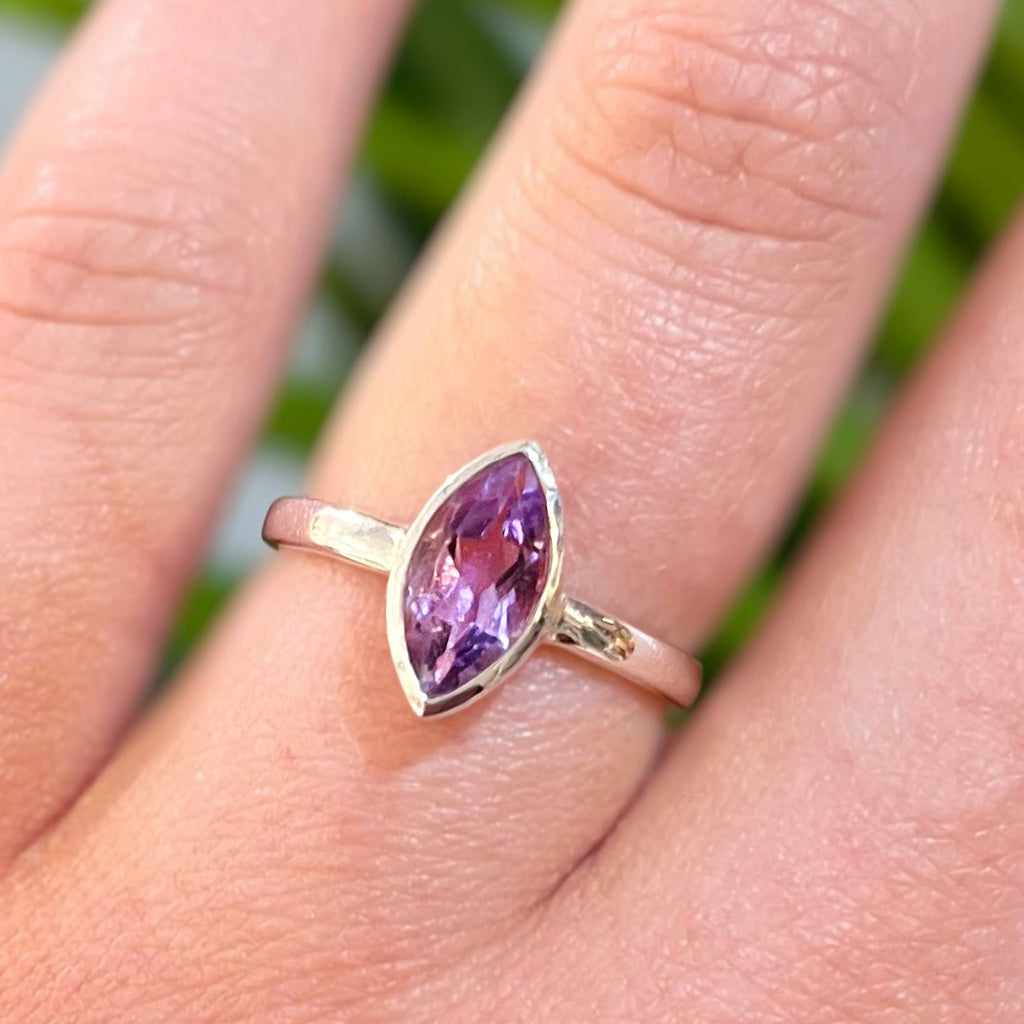 Marquise Amethyst Sterling Silver Solitaire Stacking Ring | Size K ½