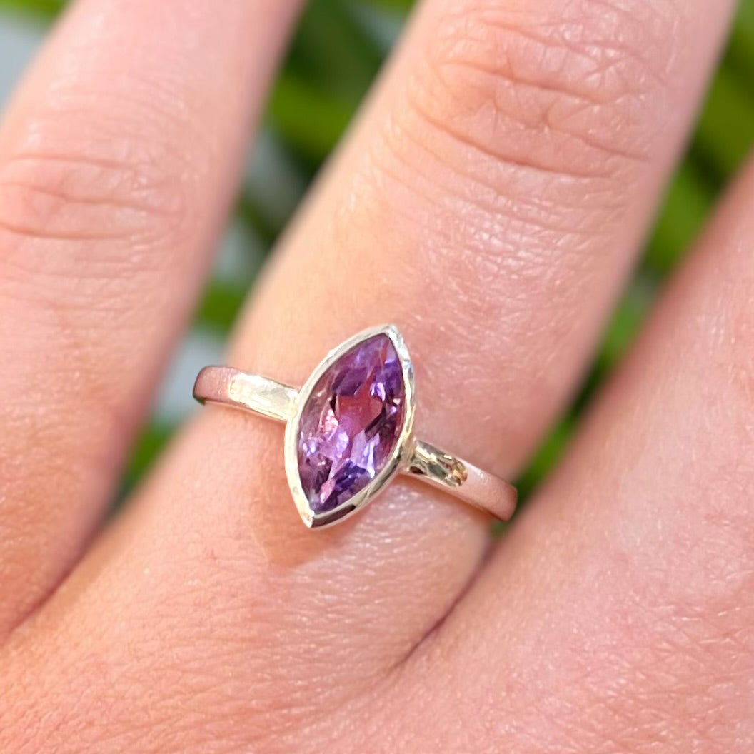 Marquise Amethyst Sterling Silver Solitaire Stacking Ring | Size K ½