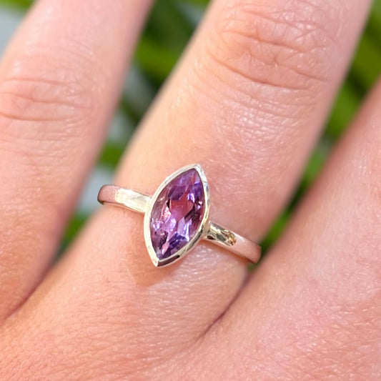 Sterling Silver Marquise Amethyst Solitaire Stacking Ring - Size K ½
