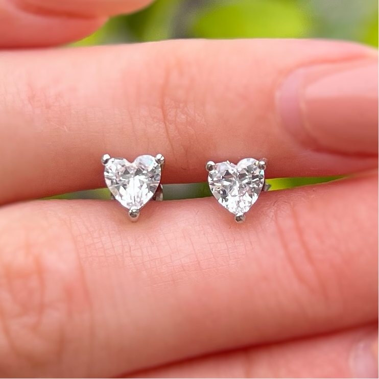 Claw Set Faceted Cubic Zirconia Sterling Silver Heart Stud Earrings