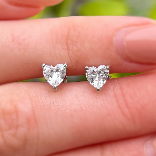 Sterling Silver Claw Set Faceted Cubic Zirconia Heart Stud Earrings