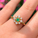Emerald and Diamond 9ct Yellow Gold Flower Ring | Size O ½