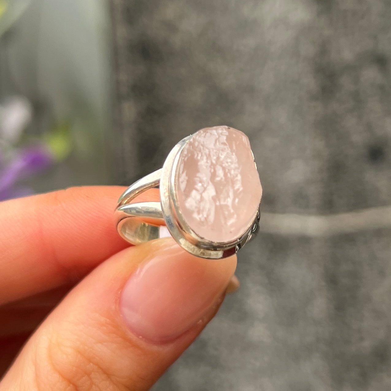 Sterling Silver Rough Oval Cut Pink Rose Quartz Ring - Size M