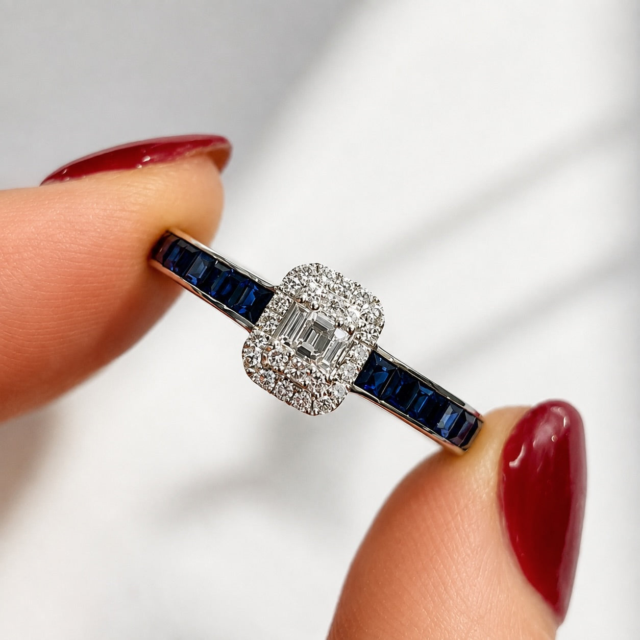 Sapphire and Diamond 18ct White Gold Modern Cluster Ring | Size O