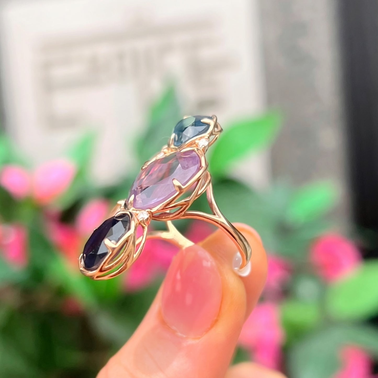 Peroni & Parise Chunky 14ct Rose Gold Rose Quartz, Iolite, Amethyst, Topaz, Opal and Diamond Statement Ring