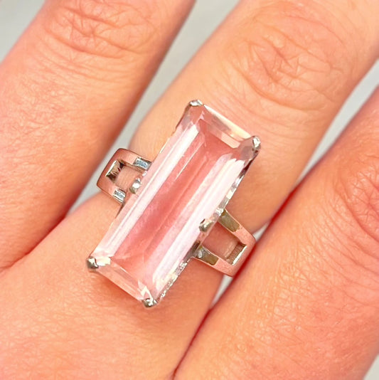 Pink Rose Quartz Baguette Cut Sterling Silver Ring - Size Q