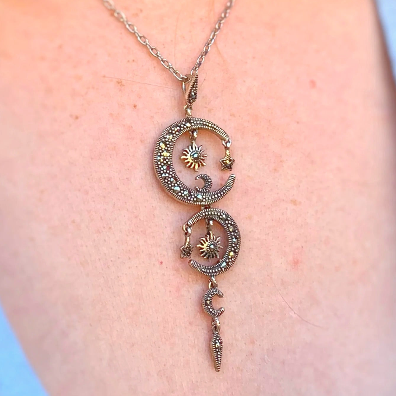 Celestial Moon and Stars Marcasite Sterling Silver Necklace