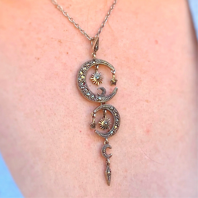 Celestial Moon and Stars Marcasite Sterling Silver Necklace