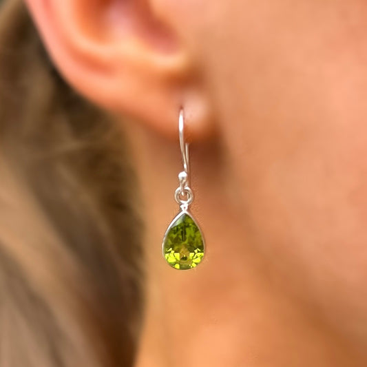 Dainty Minimalistic Sterling Silver Design Green Peridot Teardrop Earrings