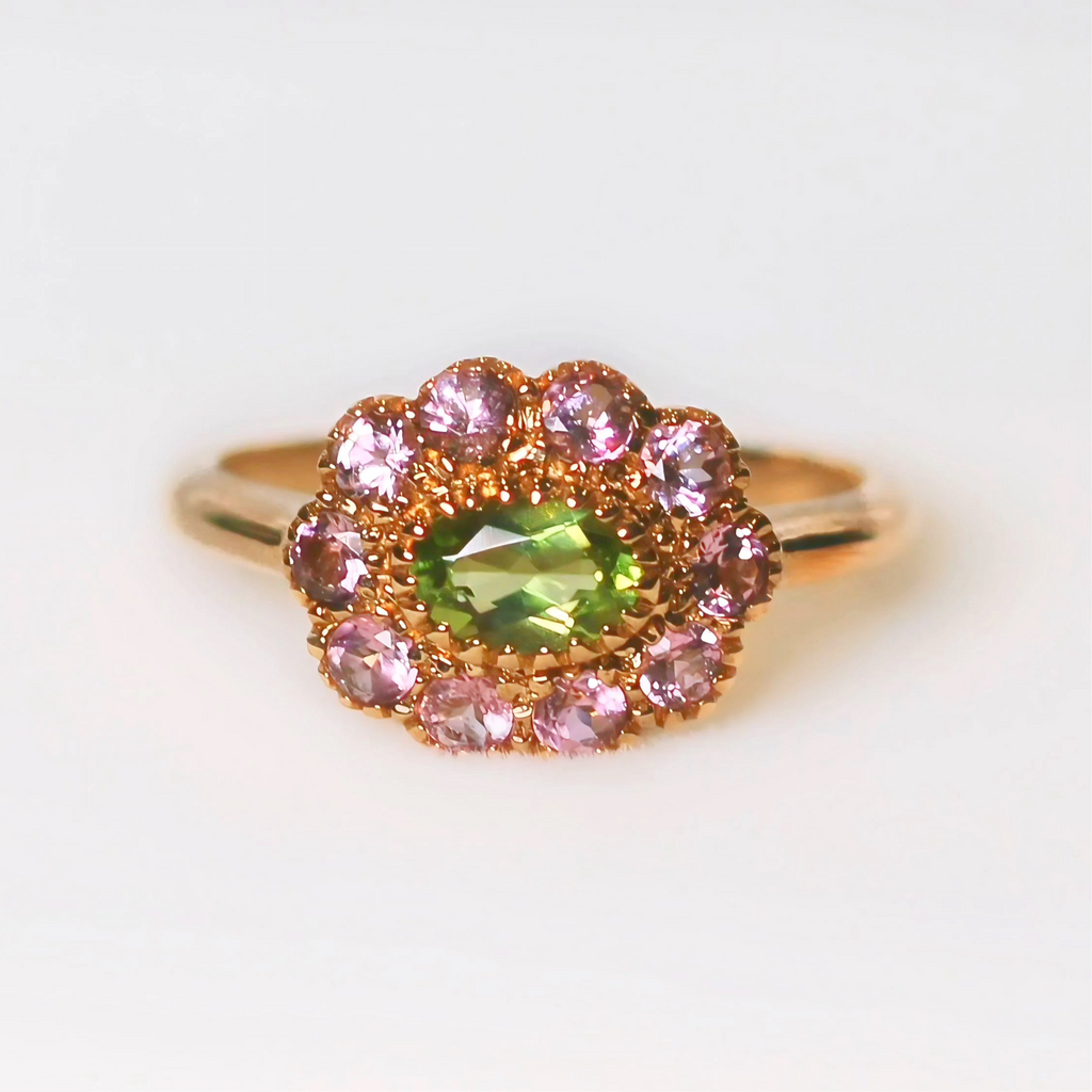 'The Arabella' Victorian Reproduction Peridot and Pink Tourmaline 9ct Yellow Gold Floral Inspired Ring | Size O