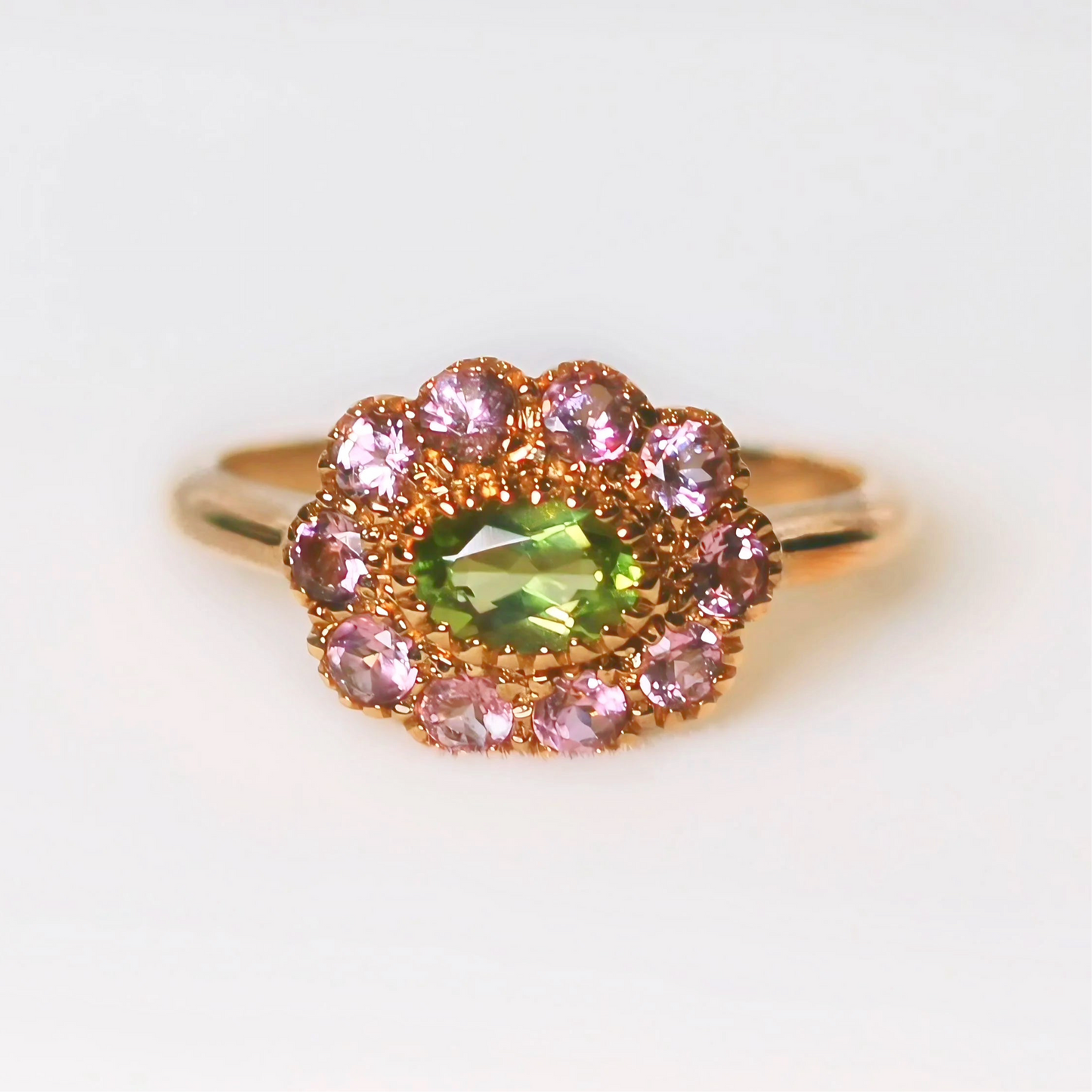 ‘Arabella’ Victorian Reproduction 9ct Yellow Gold Peridot and Pink Tourmaline Floral Inspired Ring - Size O