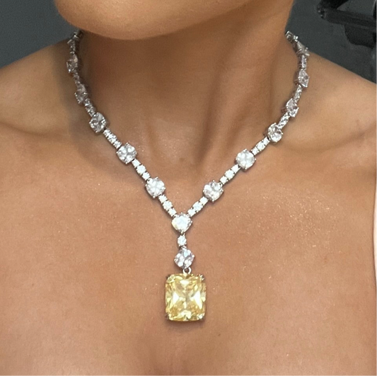 Sterling Silver Clear and Lemon Yellow Cubic Zirconia Encrusted Statement Necklace