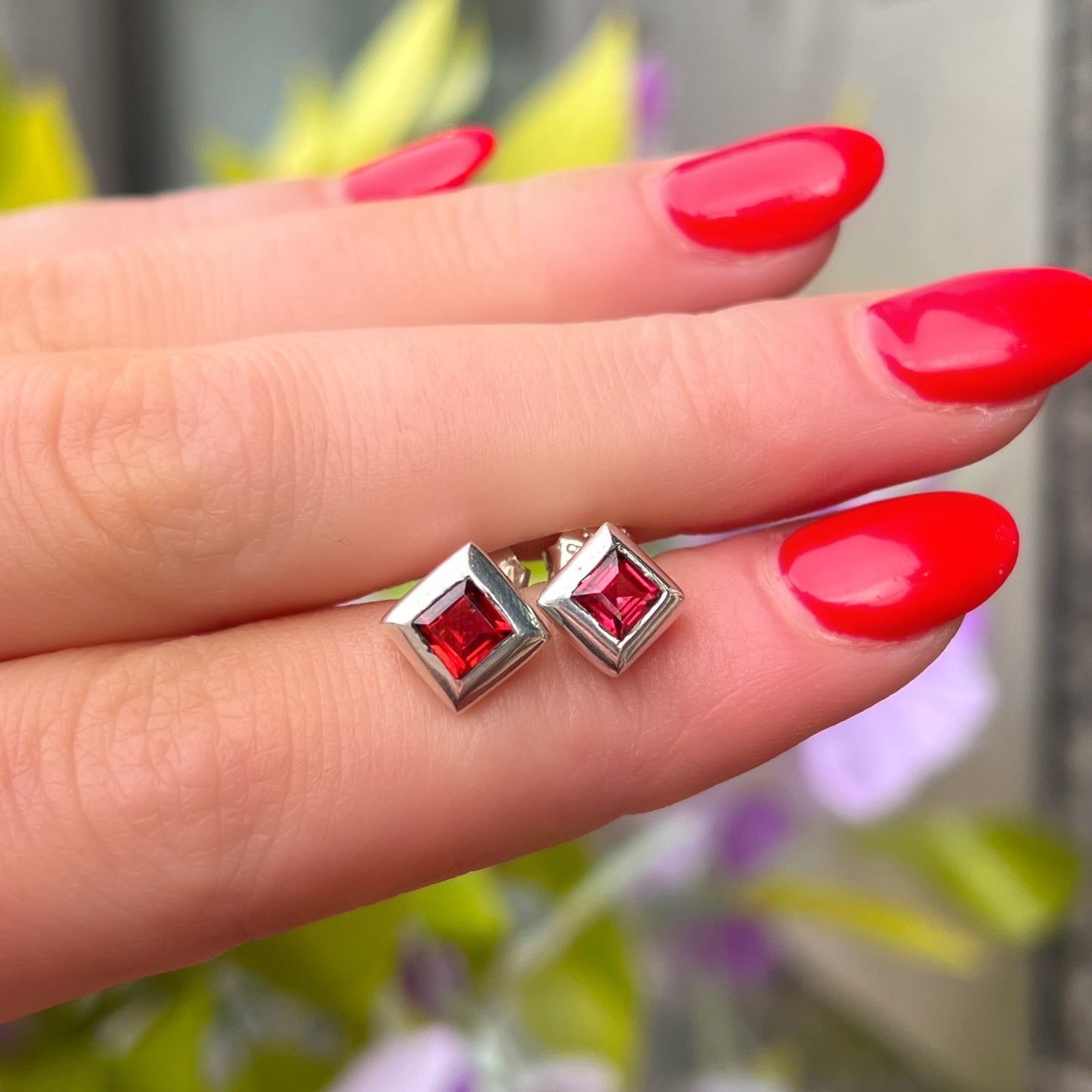 Sterling Silver Square Princess Cut Garnet Stud Earrings