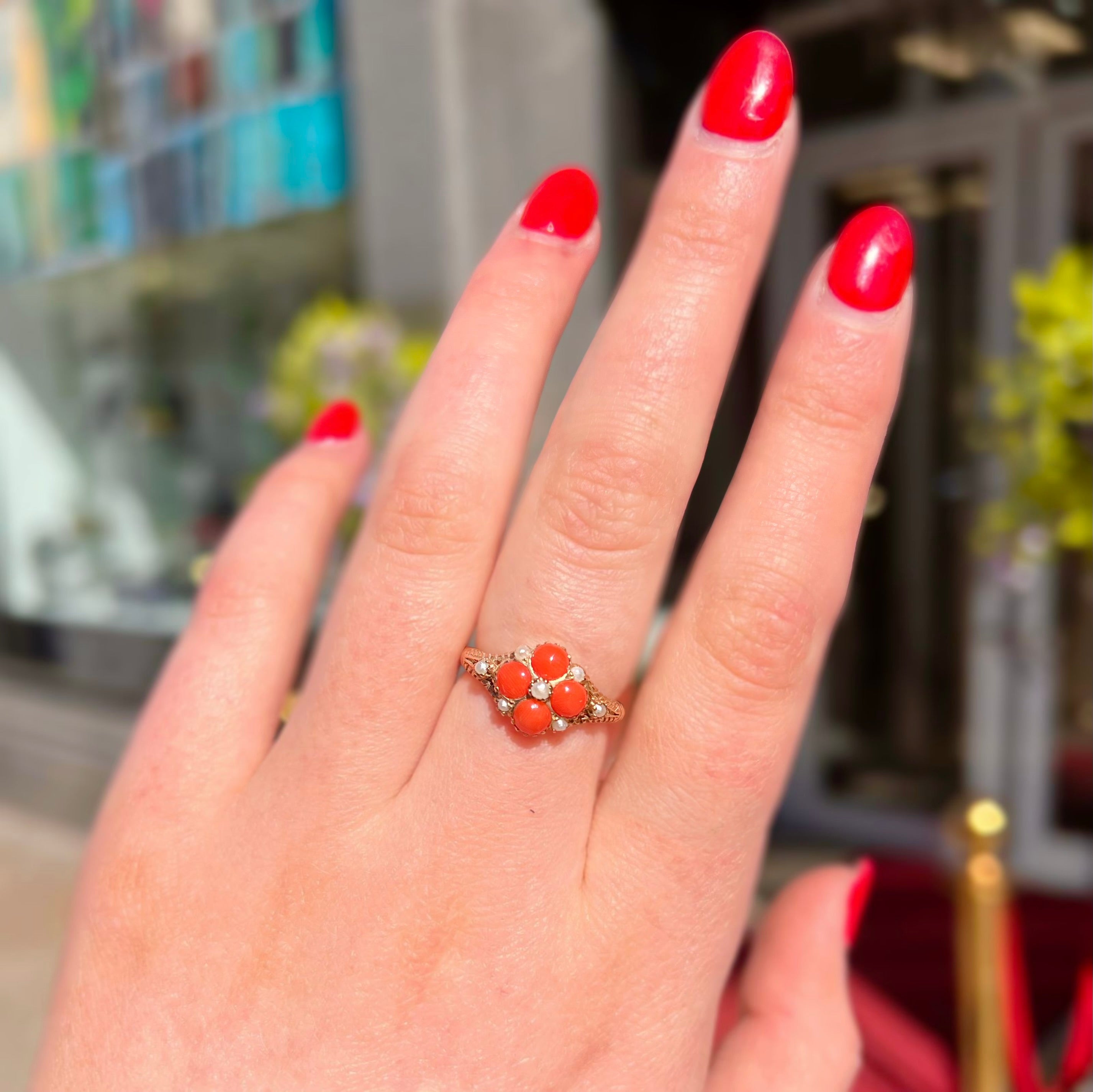 Victorian Inspired Coral and Seed Pearl 9ct Yellow Gold Forget-me-not Ring | Size M ½
