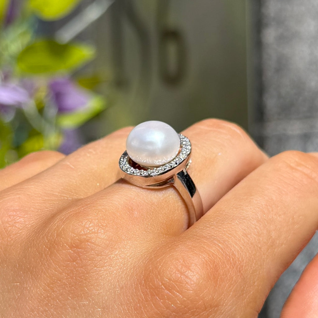 Cubic Zirconia and Pearl Sterling Silver Swirl Ring | Size M ½