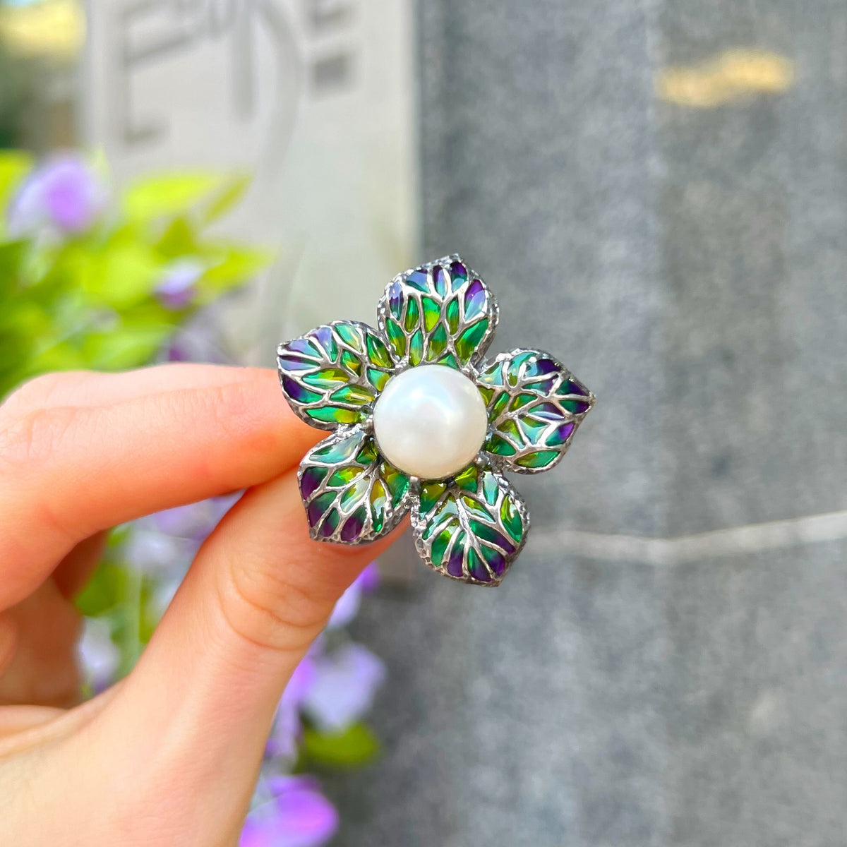 Pearl and Green/Purple Ombre Enamel Sterling Silver Ring | Size O