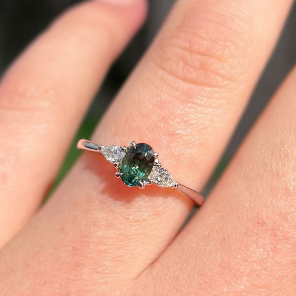 Classic Platinum Green Sapphire and Diamond Trilogy Ring - Size M 1/2