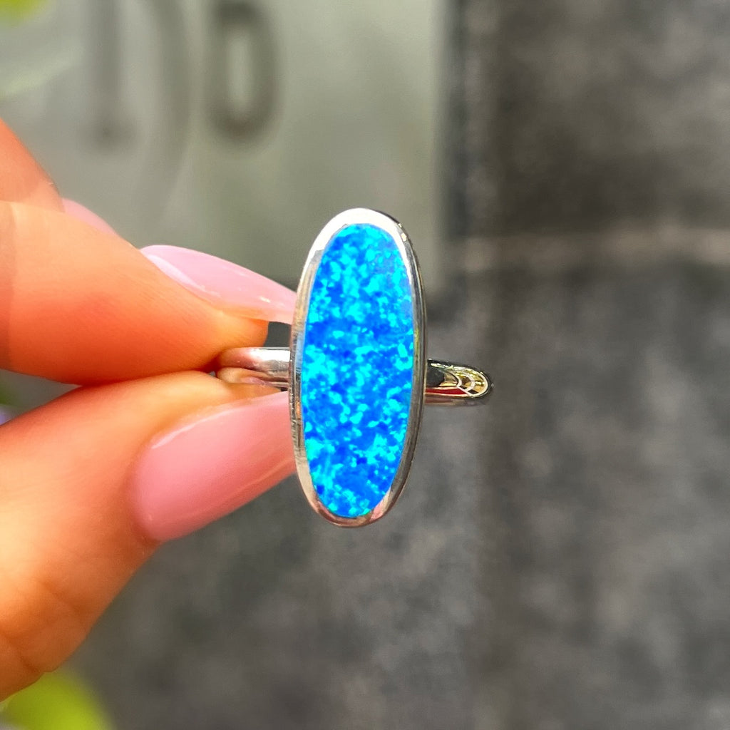 Elongated Oval Flat Opal Sterling Silver Ring | Size N ½