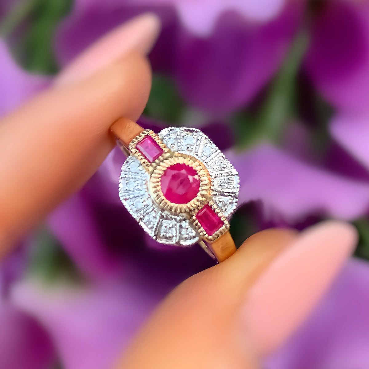 Ruby and Diamond Art Deco Reproduction 9ct Yellow Gold Ring | Size N