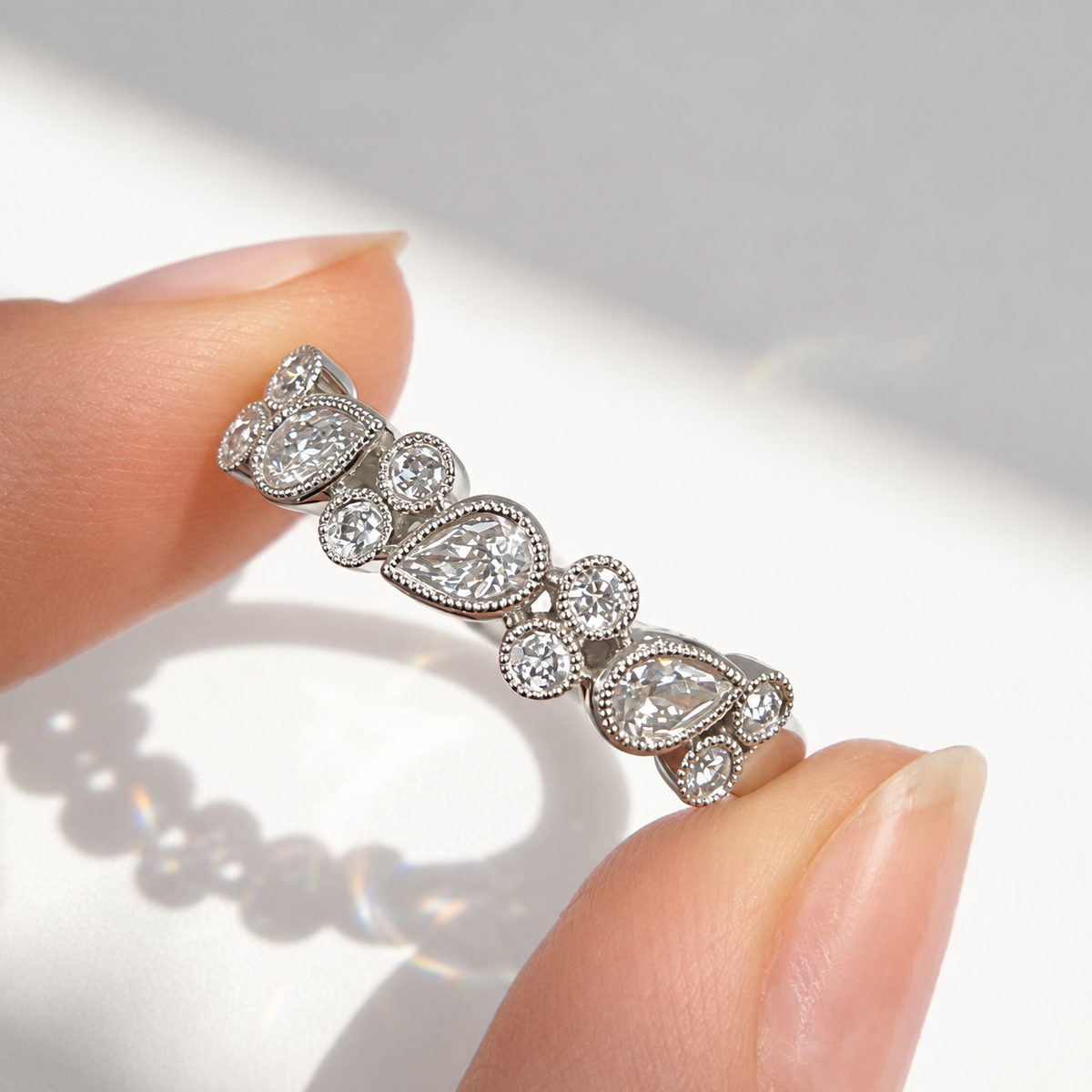 Platinum Pear and Round Natural Diamond Multi-Stone Bubble Ring | Size N