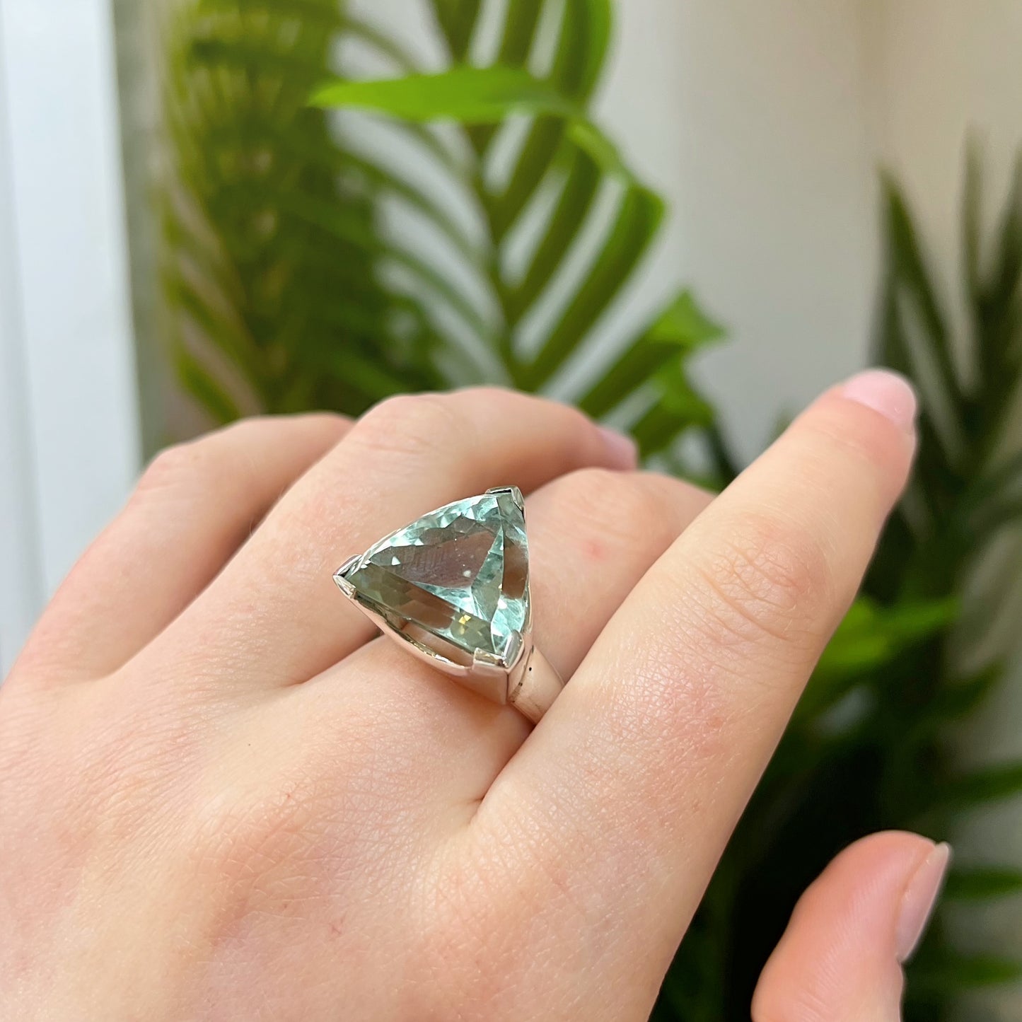 Chunky Sterling Silver Trillion-Cut Green Amethyst Cocktail Ring - Size R ½