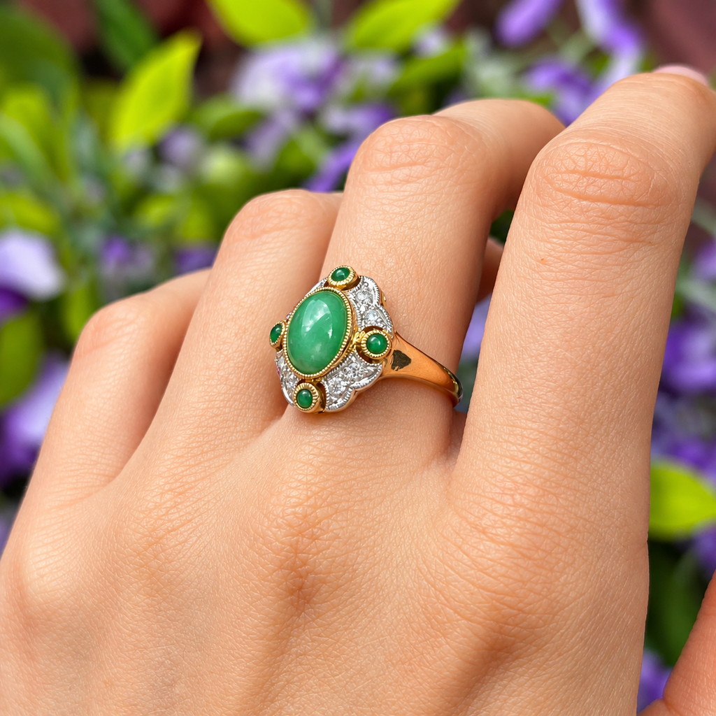 Jade and Diamond Art Deco Reproduction 9ct Yellow Gold Ring
