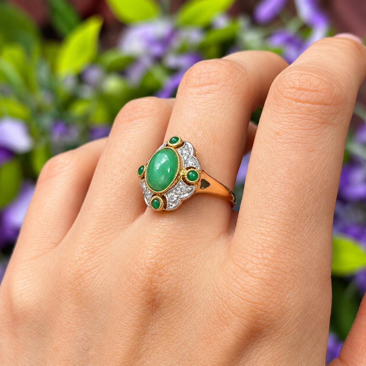 Jade and Diamond Art Deco Reproduction 9ct Yellow Gold Ring