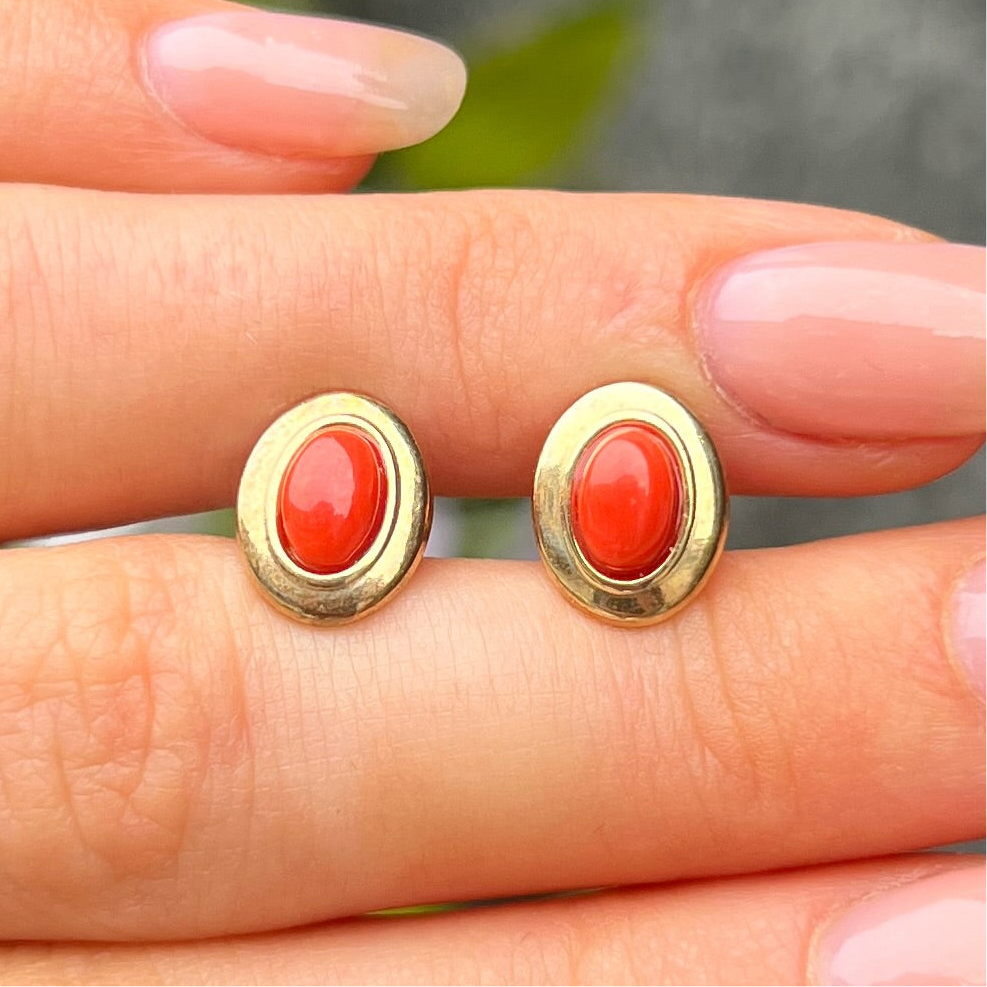 Rare Oval Coral 9ct Yellow Gold Stud Earrings