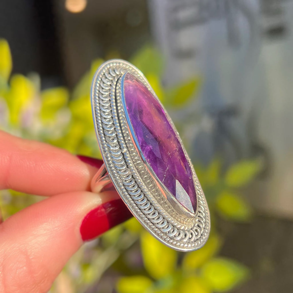 Checkerboard Cut Marquise Amethyst Sterling Silver Ring | Size R ½