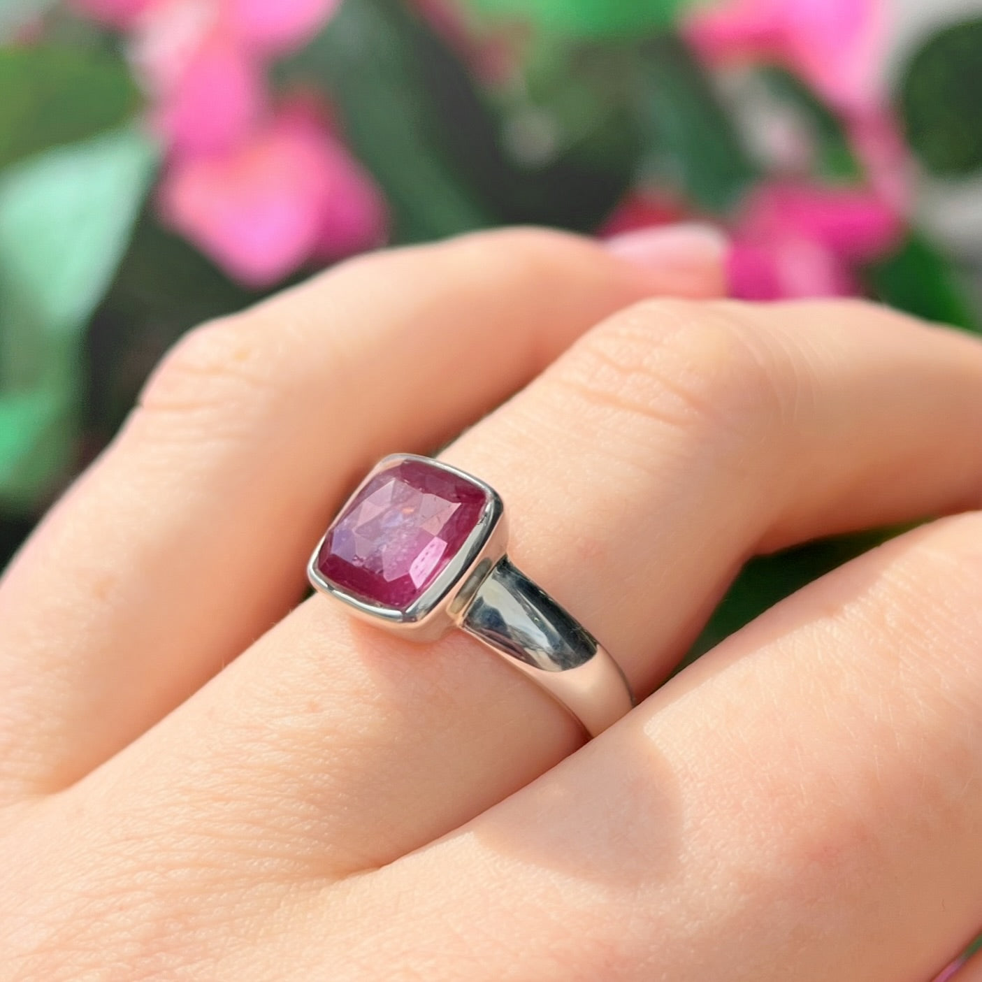 Chunky Sterling Silver Checkerboard Faceted Ruby Ring - Size M ½