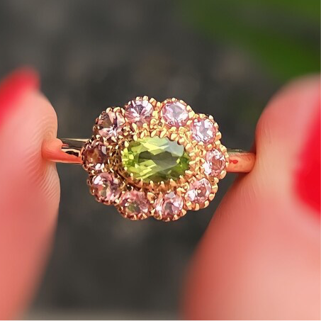 ‘Arabella’ Victorian Reproduction 9ct Yellow Gold Peridot and Pink Tourmaline Floral Inspired Ring - Size O