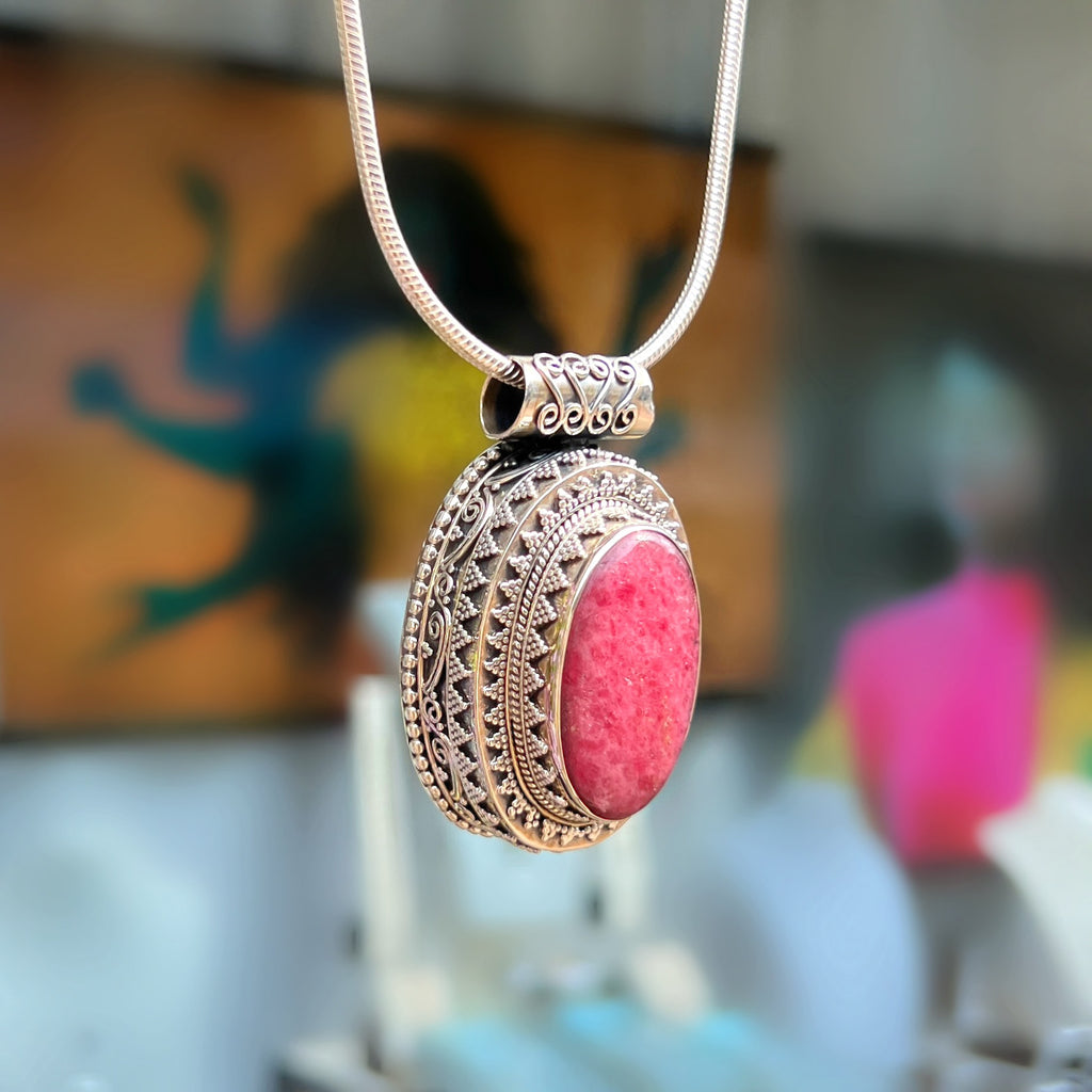 Ornate XL Ruby Sterling Silver Bohemian Chunky Pendant & Chain