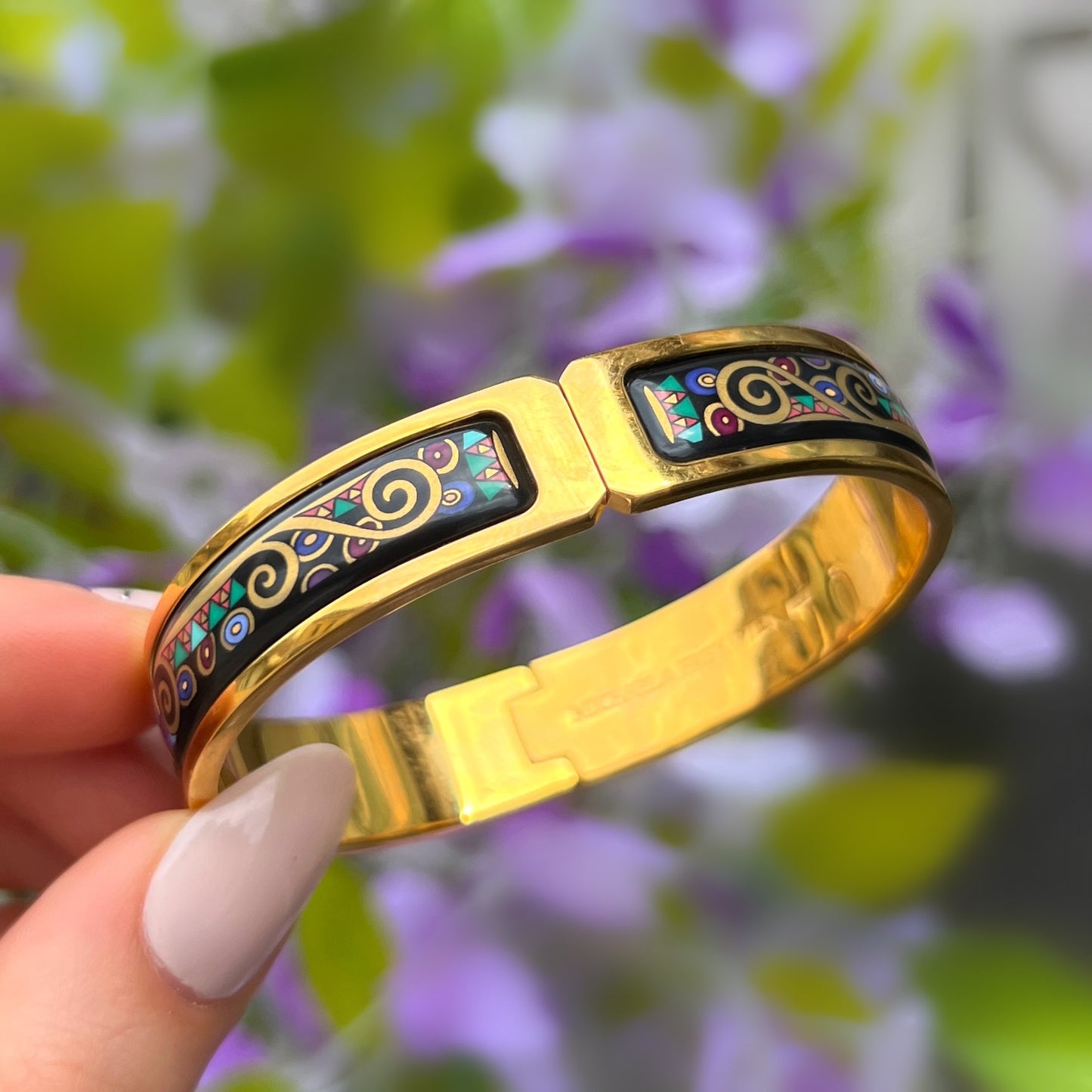 Vintage Michaela Frey Wein 24ct Vermeil Yellow Gold Plated Sterling Silver Hinged Black Enamel Bangle