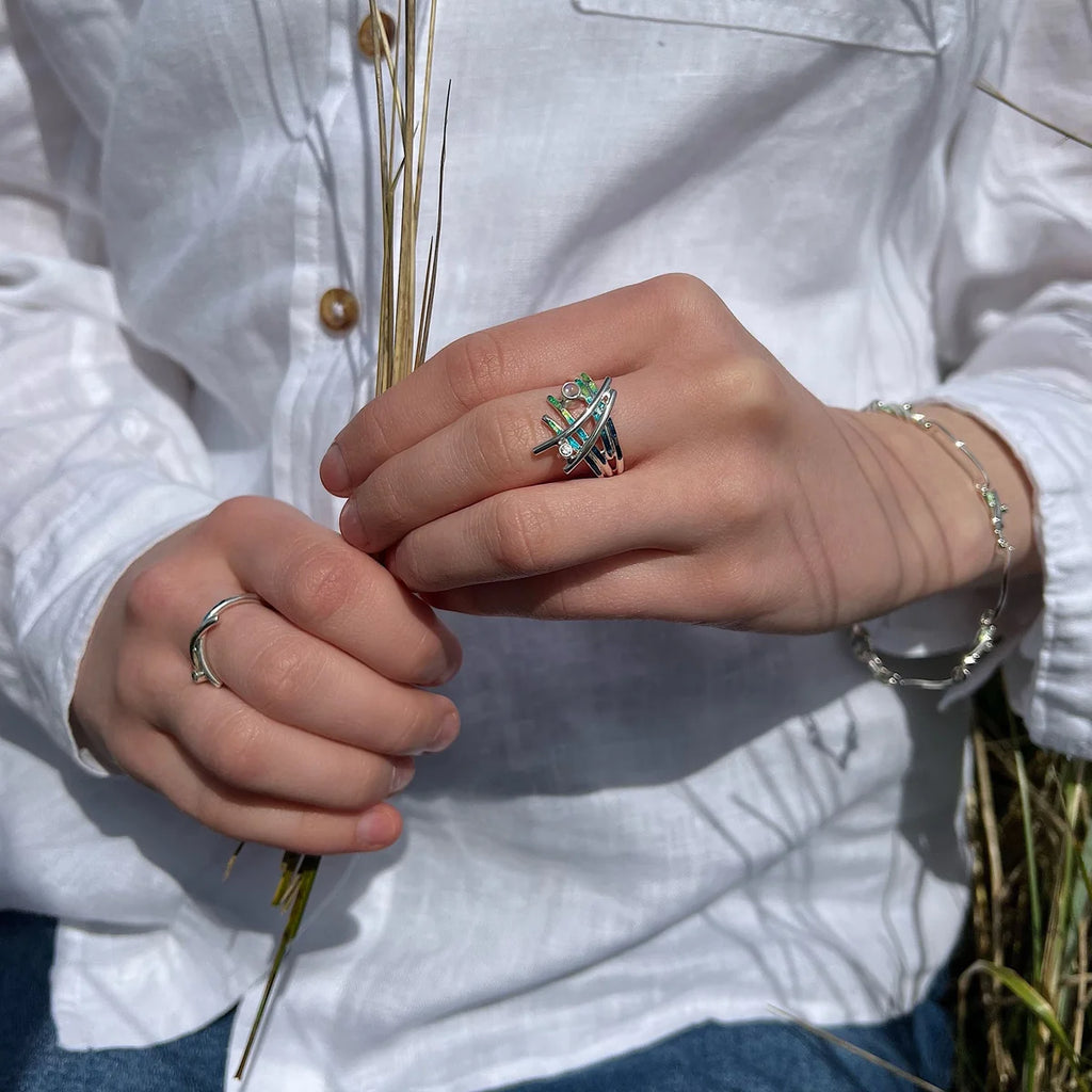 Pre-Order | Sterling Silver Wild Grasses Moonstone & Cubic Zirconia Ring in Meadow Enamel | Sheila Fleet