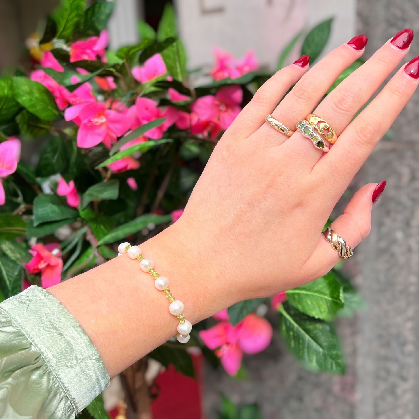 Unique Sterling Silver Peridot and Real Pearl Beaded Bracelet