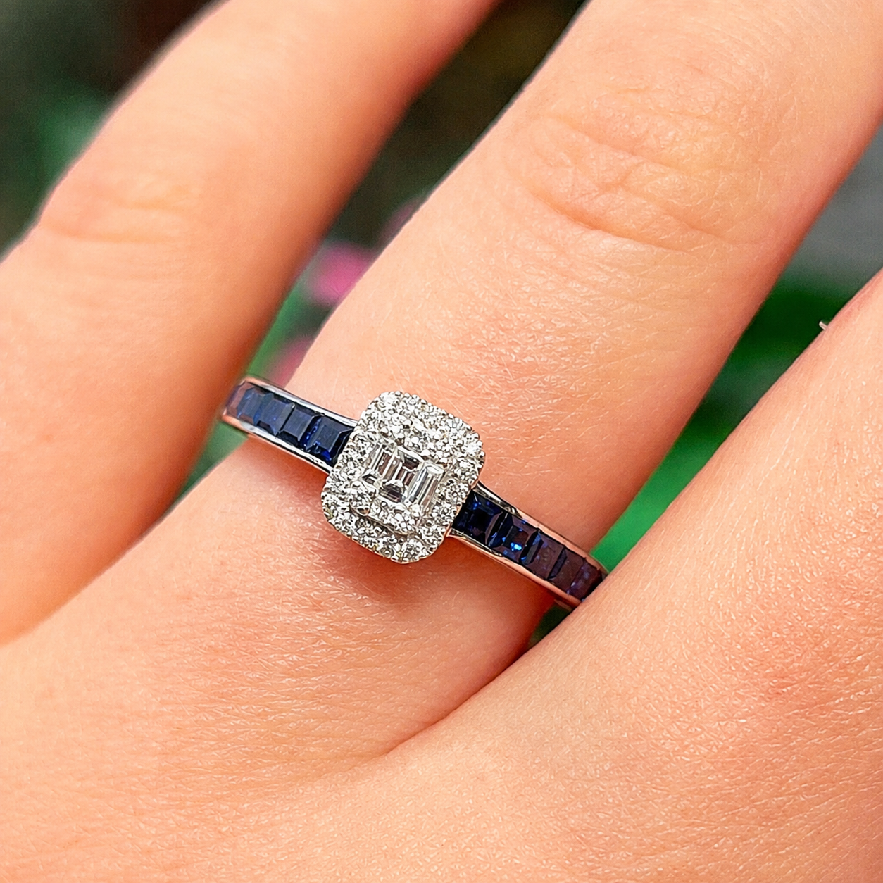 Sapphire and Diamond 18ct White Gold Modern Cluster Ring | Size O