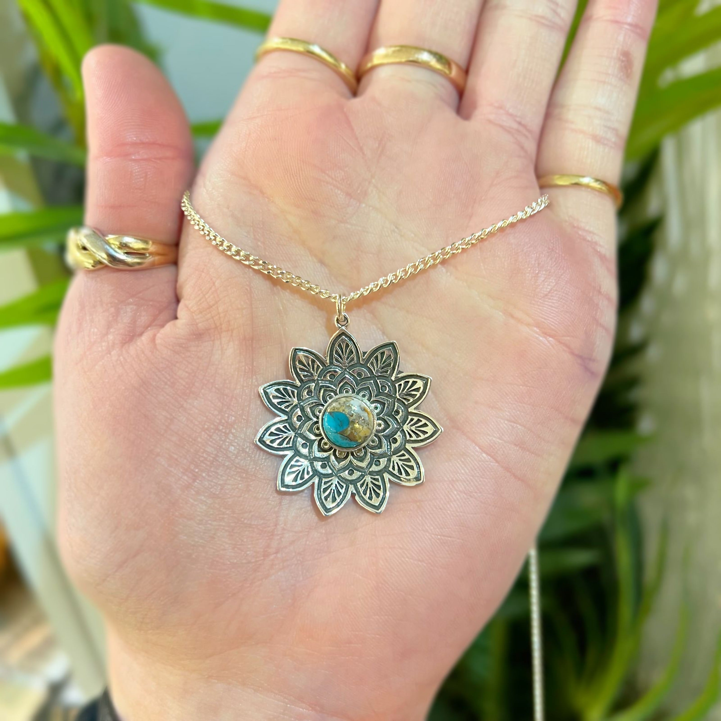 Turquoise Sterling Silver Bohemian-Inspired Mandala Necklace