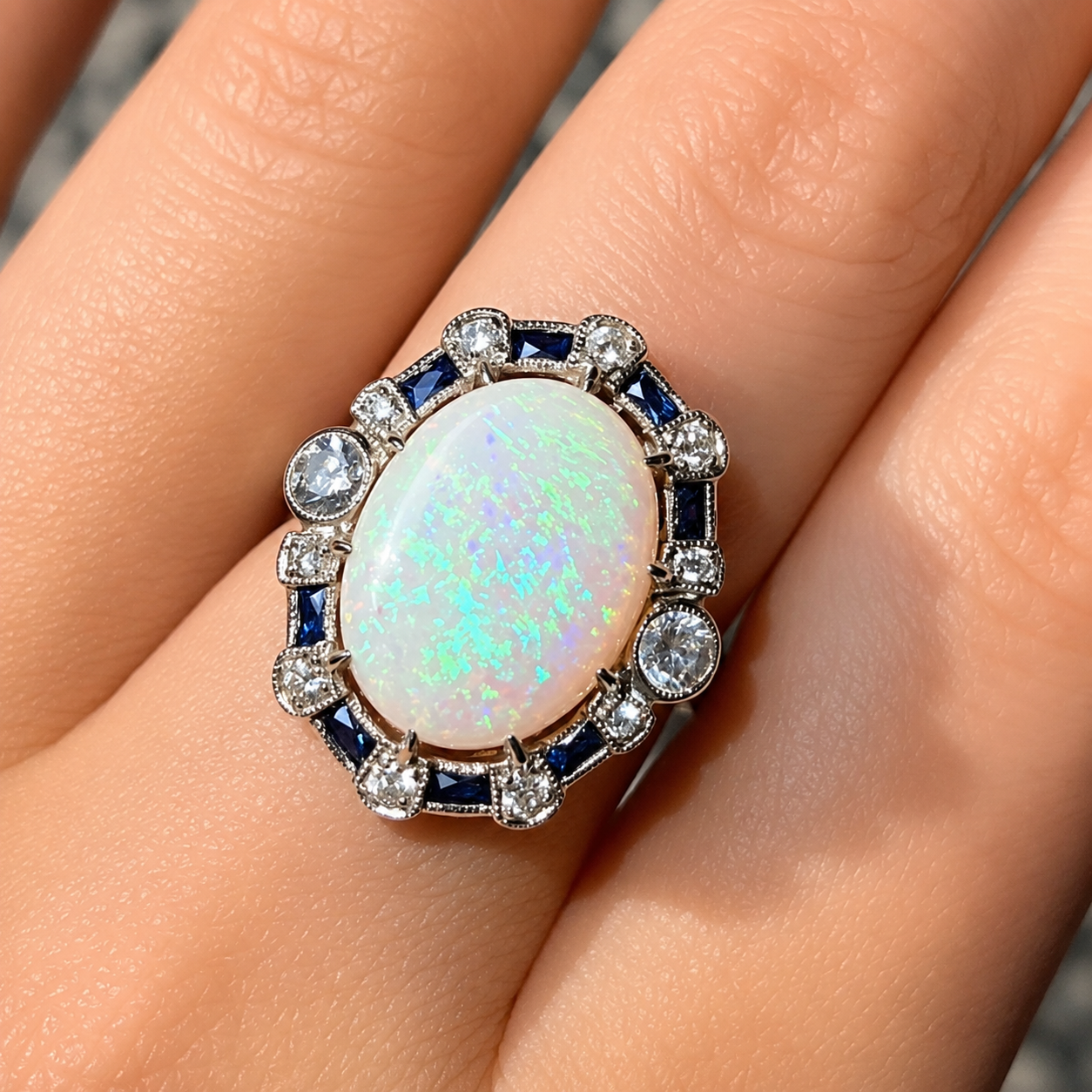 Art Deco Reproduction Opal, Sapphire and Diamond Platinum Ring | Size N ½