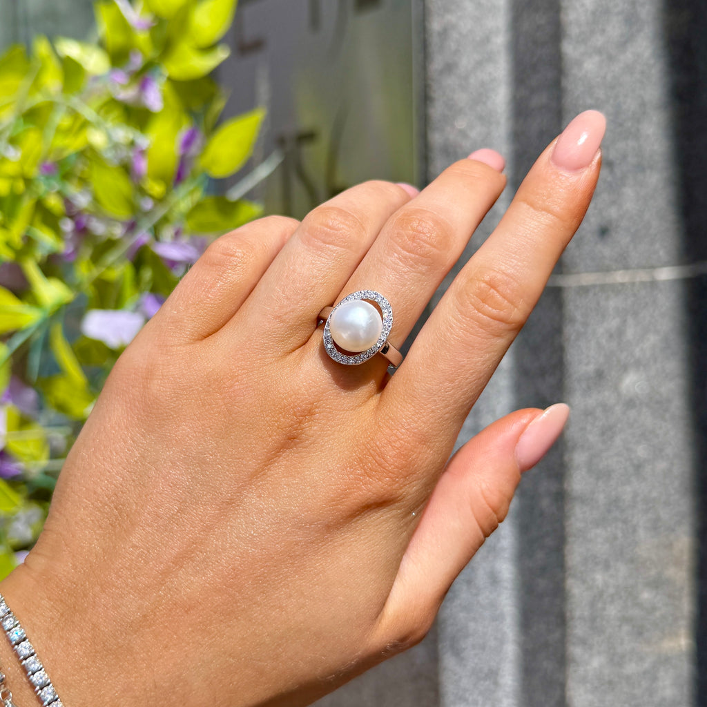 Cubic Zirconia and Pearl Sterling Silver Swirl Ring | Size M ½