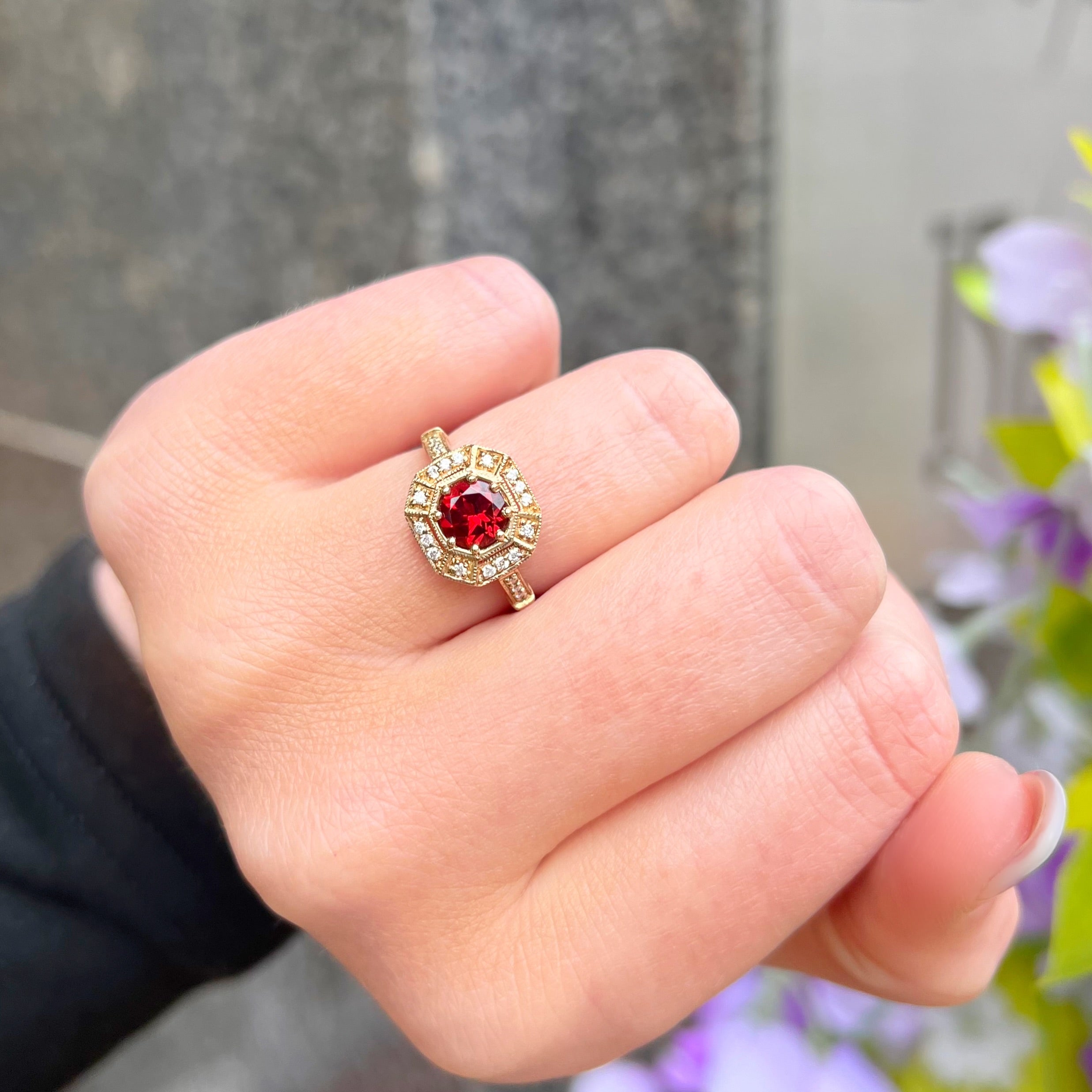 Art Deco Inspired Octagonal Garnet and Diamond 9ct Yellow Gold Ring | Size M ½