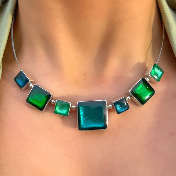 ‘Watch This Space’ Blue & Green Square Necklace