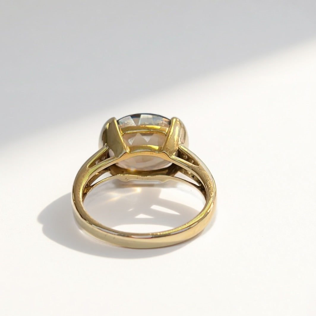 Vintage 9ct Yellow Gold Smoky Quartz and Diamond Cocktail Ring - Size M ½